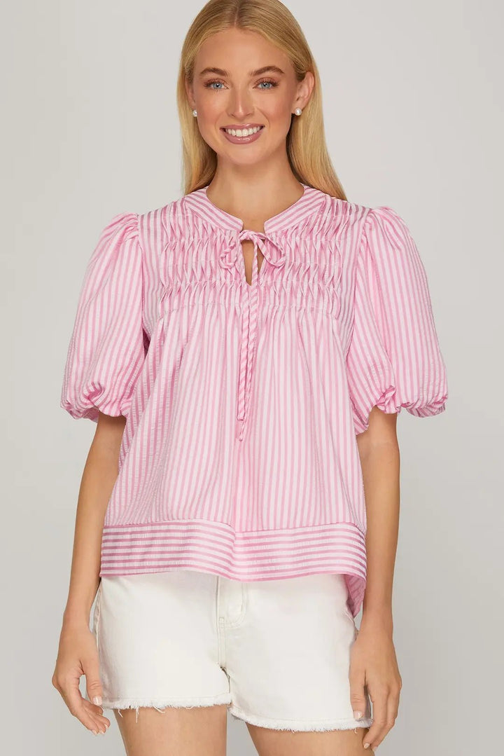 Striped Puff Sleeve Top - Lush Lemon - Women's Clothing - She + Sky - 34840571091517
