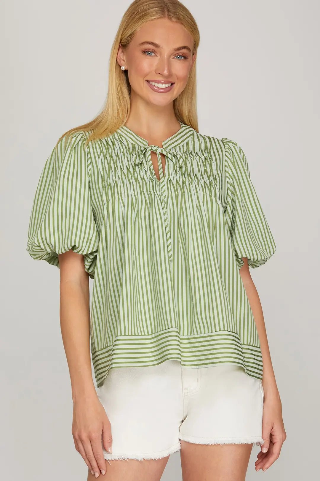 Striped Puff Sleeve Top - Lush Lemon - Women's Clothing - She + Sky - 34840571389821