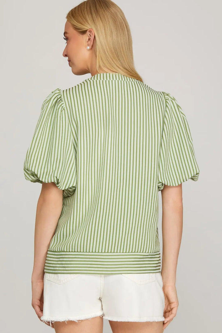 Striped Puff Sleeve Top - Lush Lemon - Women's Clothing - She + Sky - 34840571389821