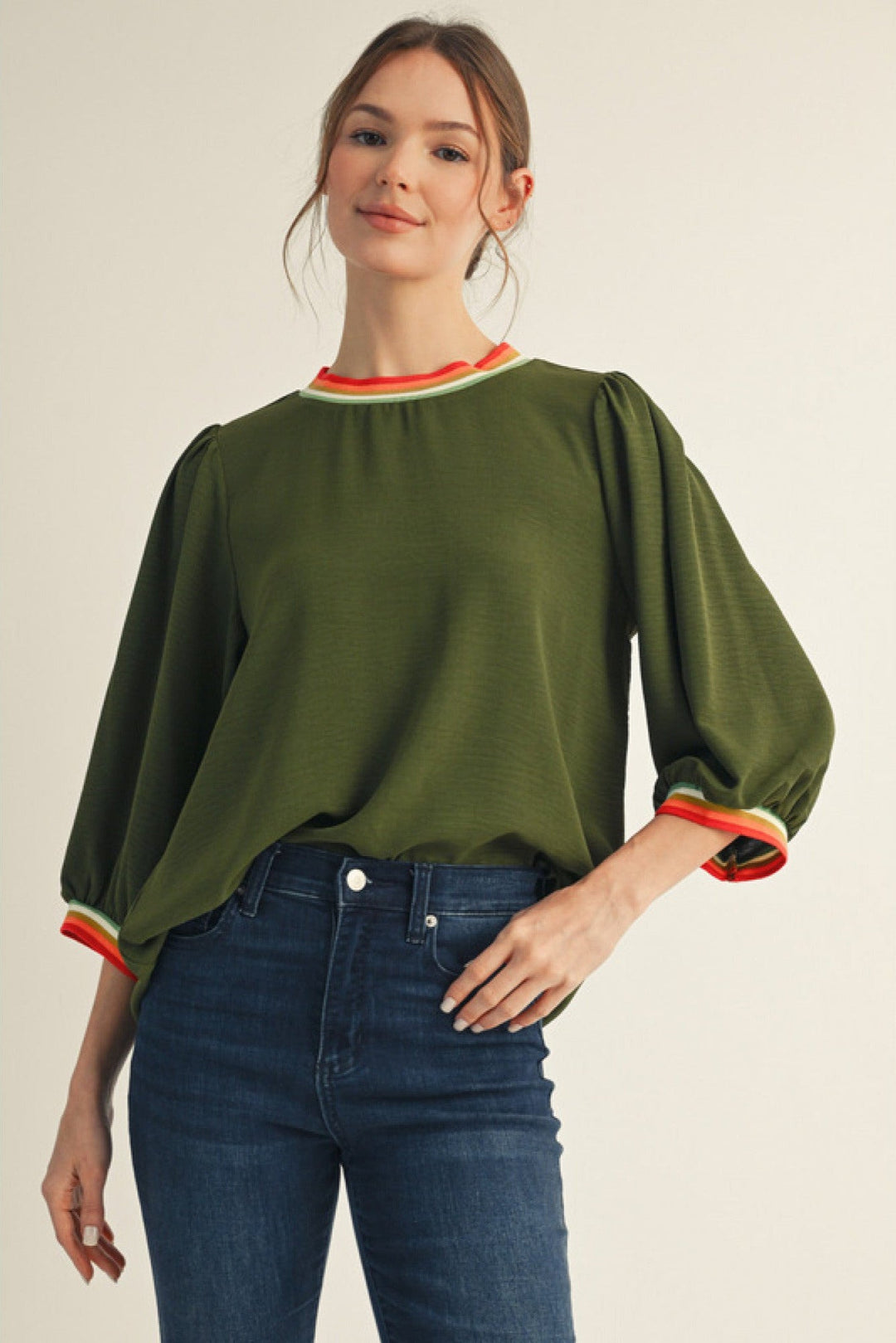Striped Rib Peasant Sleeve Top - Lush Lemon - Women's Clothing - Jodifl - 11024075476381
