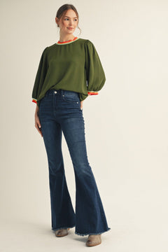 Striped Rib Peasant Sleeve Top - Lush Lemon - Women&