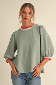 Striped Rib Peasant Sleeve Top - Lush Lemon - Women&