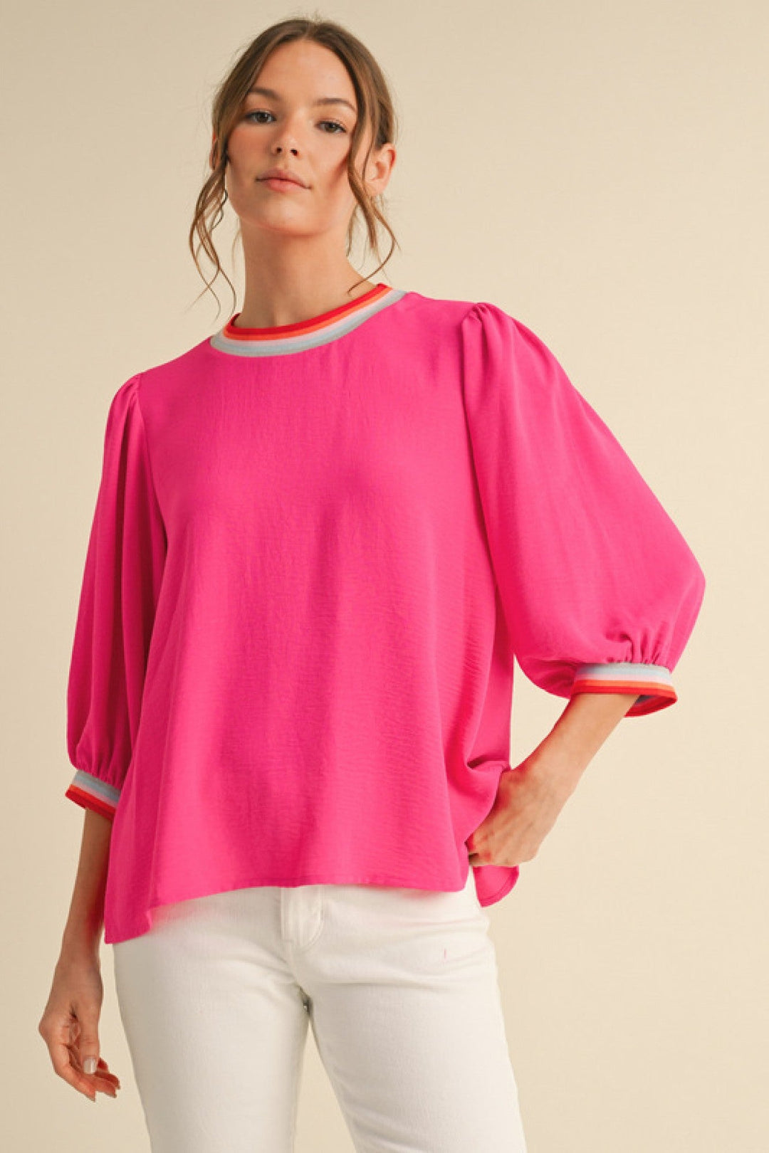 Striped Rib Peasant Sleeve Top - Lush Lemon - Women's Clothing - Jodifl - 30488721007165
