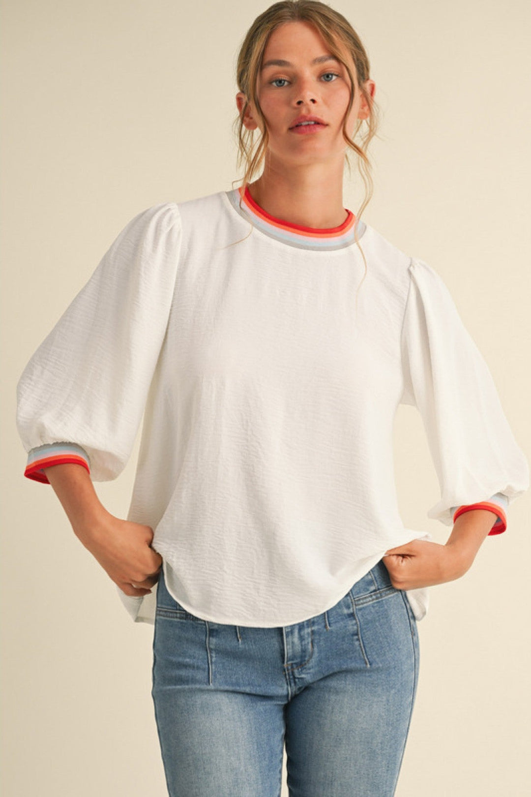Striped Rib Peasant Sleeve Top - Lush Lemon - Women's Clothing - Jodifl - 30488721305469