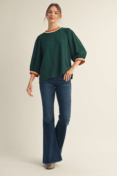 Striped Rib Peasant Sleeve Top - Lush Lemon - Women&