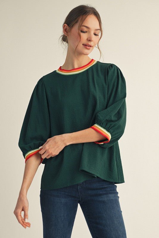 Striped Rib Peasant Sleeve Top - Lush Lemon - Women's Clothing - Jodifl - 32793948441373