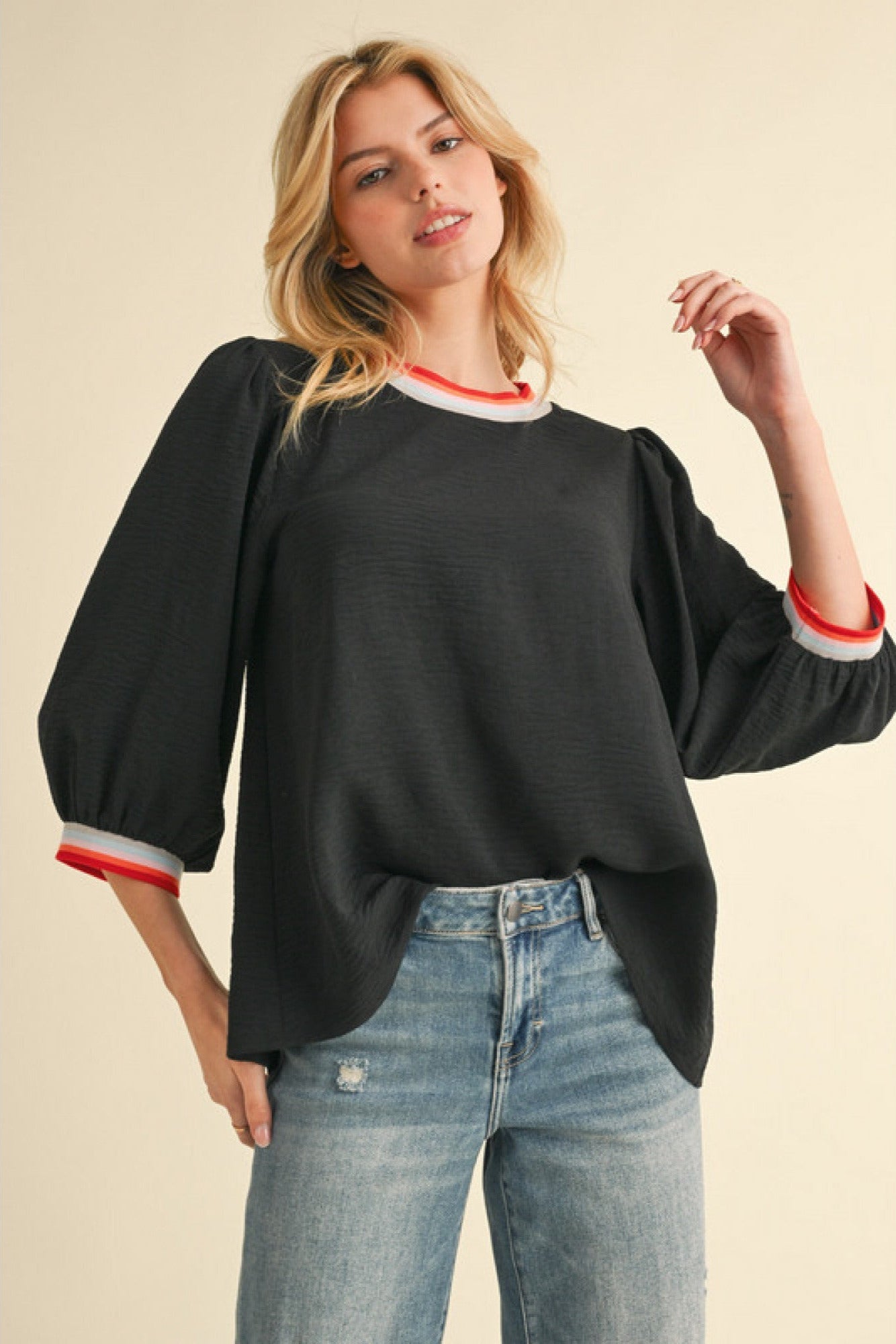 Striped Rib Peasant Sleeve Top - Jodifl - Lush Lemon