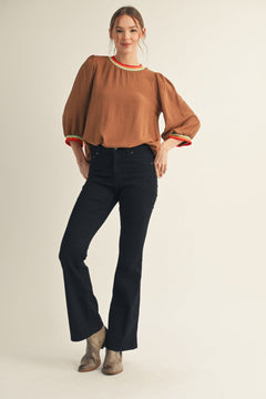 Striped Rib Peasant Sleeve Top - Lush Lemon - Women&