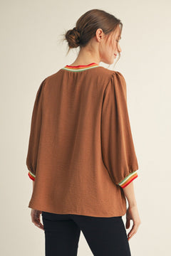 Striped Rib Peasant Sleeve Top - Lush Lemon - Women&