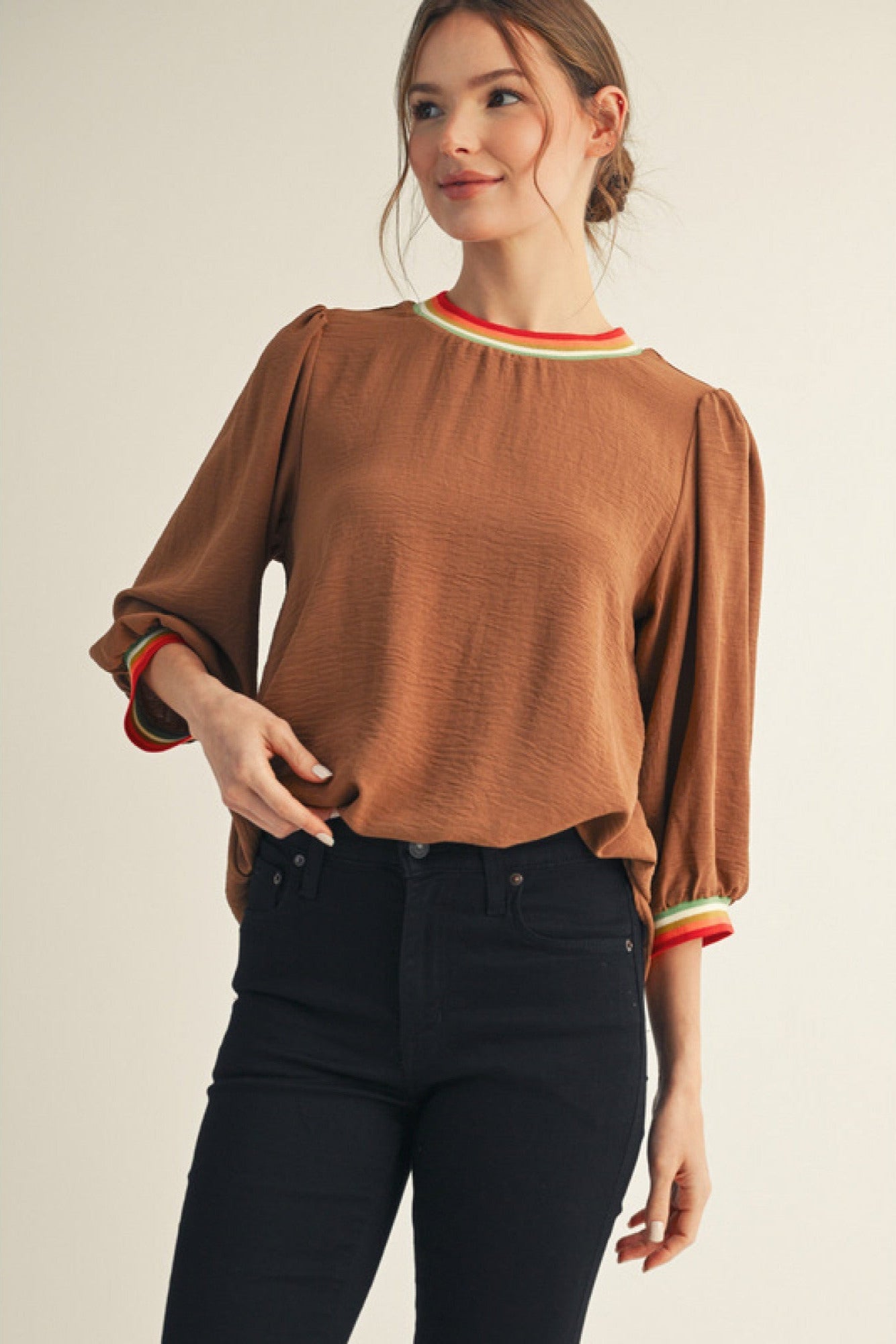 Striped Rib Peasant Sleeve Top - Jodifl - Lush Lemon