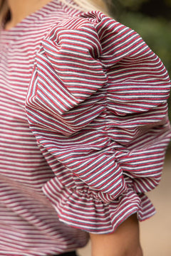 Striped Ruched Puff Sleeve Top - Lush Lemon - Women&