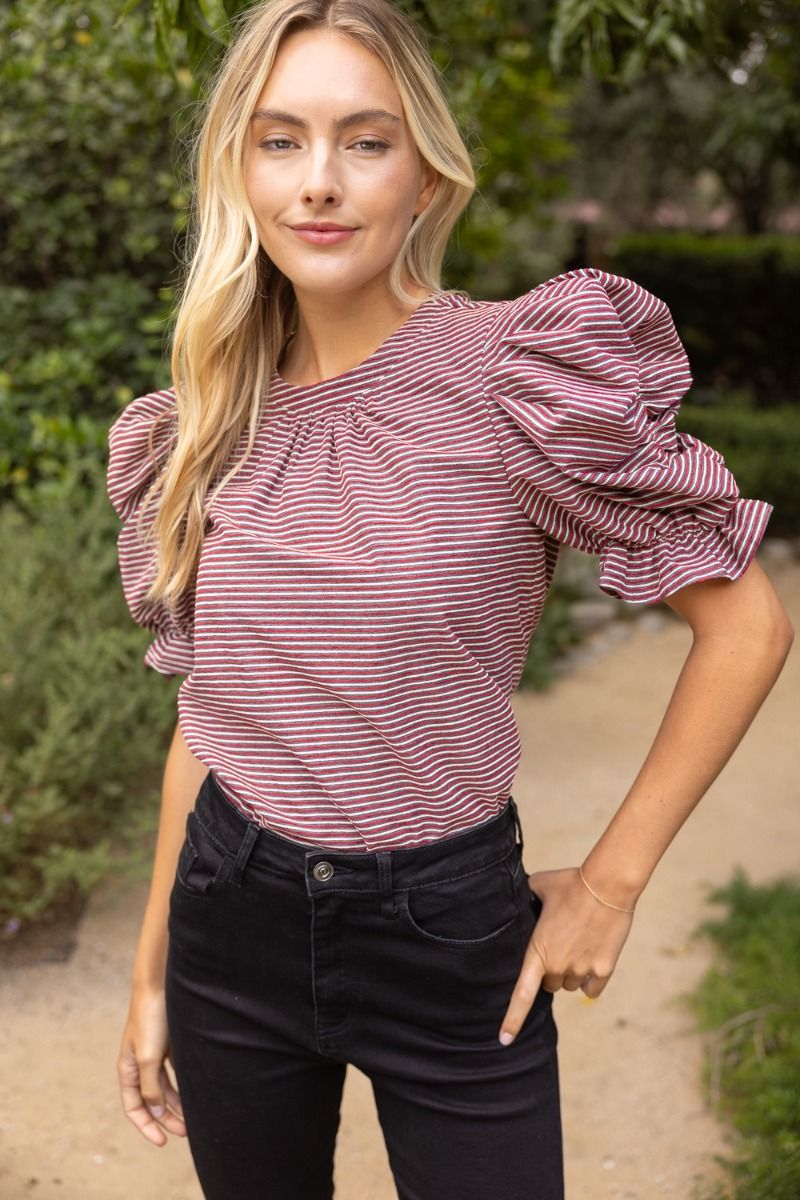Striped Ruched Puff Sleeve Top - Lush Lemon - Women's Clothing - Voy - 47525681012189