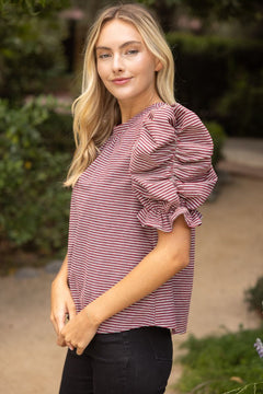 Striped Ruched Puff Sleeve Top - Lush Lemon - Women&