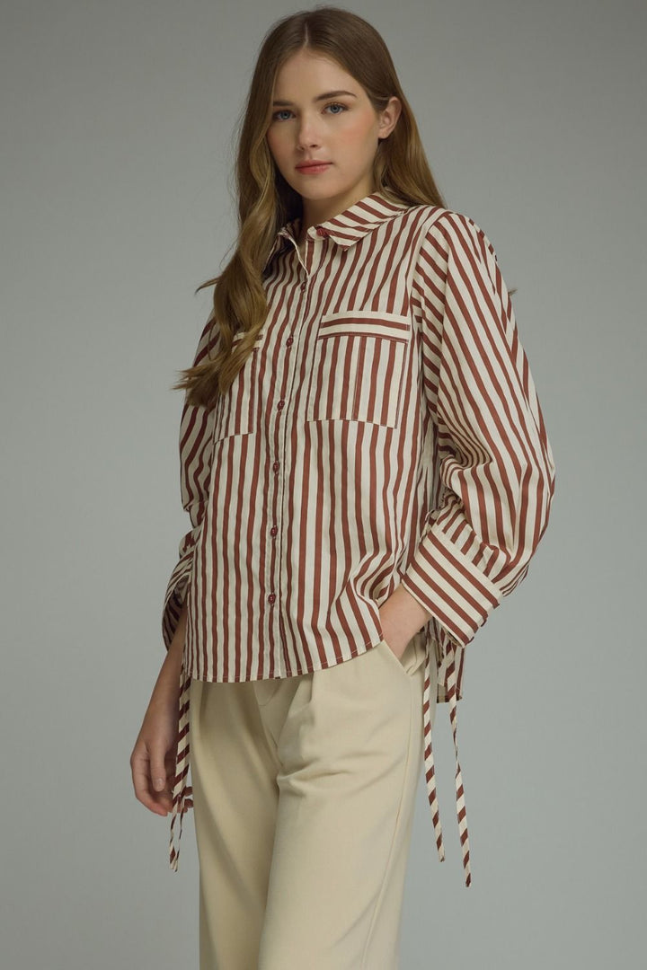 Striped Ruched Tie Sleeve Top - Lush Lemon - Women's Clothing - Entro - 60013831055005