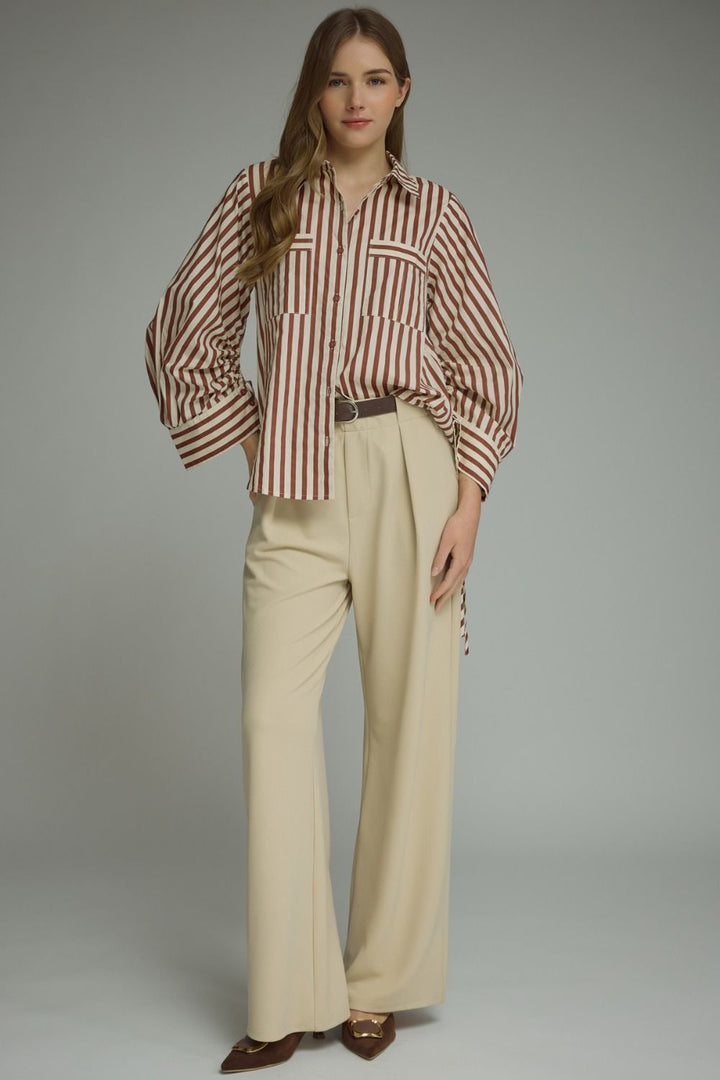 Striped Ruched Tie Sleeve Top - Lush Lemon - Women's Clothing - Entro - 60013831055005