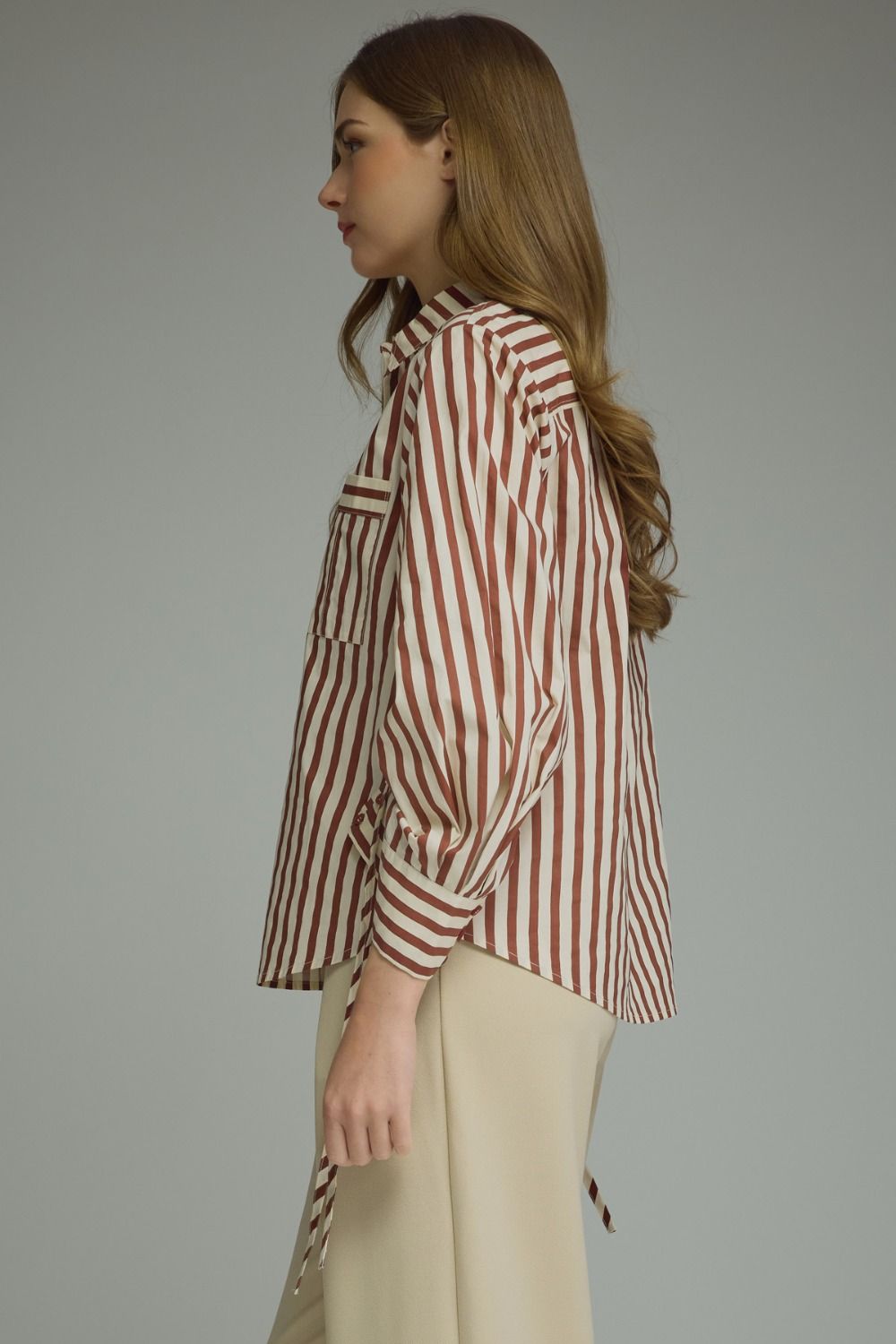 Striped Ruched Tie Sleeve Top - Lush Lemon - Women's Clothing - Entro - 60013831055005