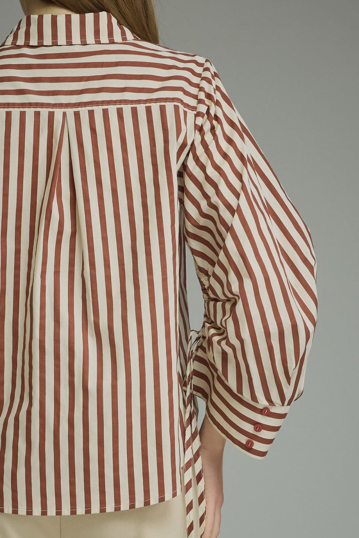 Striped Ruched Tie Sleeve Top - Lush Lemon - Women's Clothing - Entro - 60013831055005