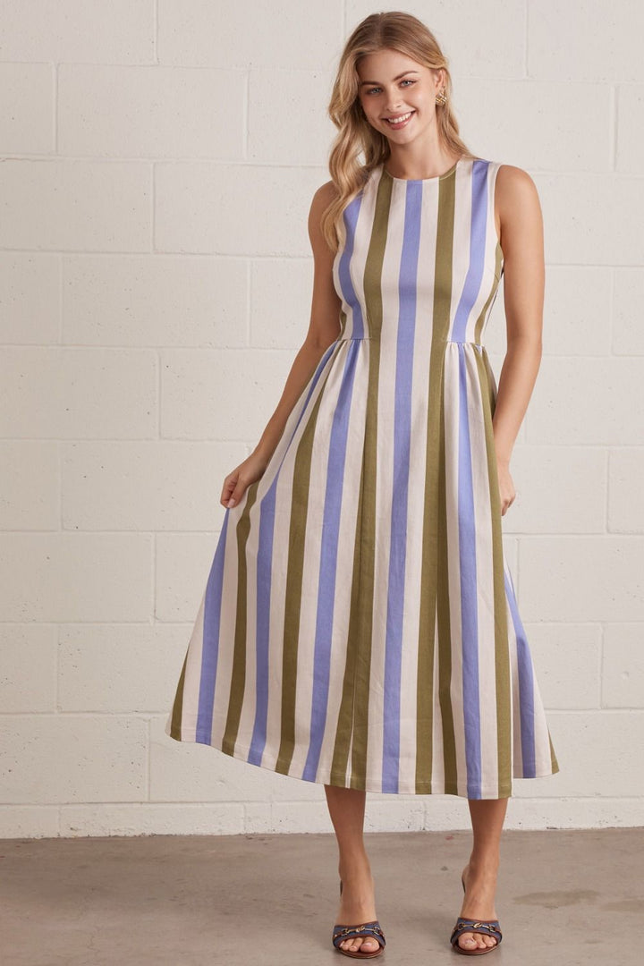 Striped Sleeveless Midi Dress - Lush Lemon - Women's Clothing - Entro - 73658001019677