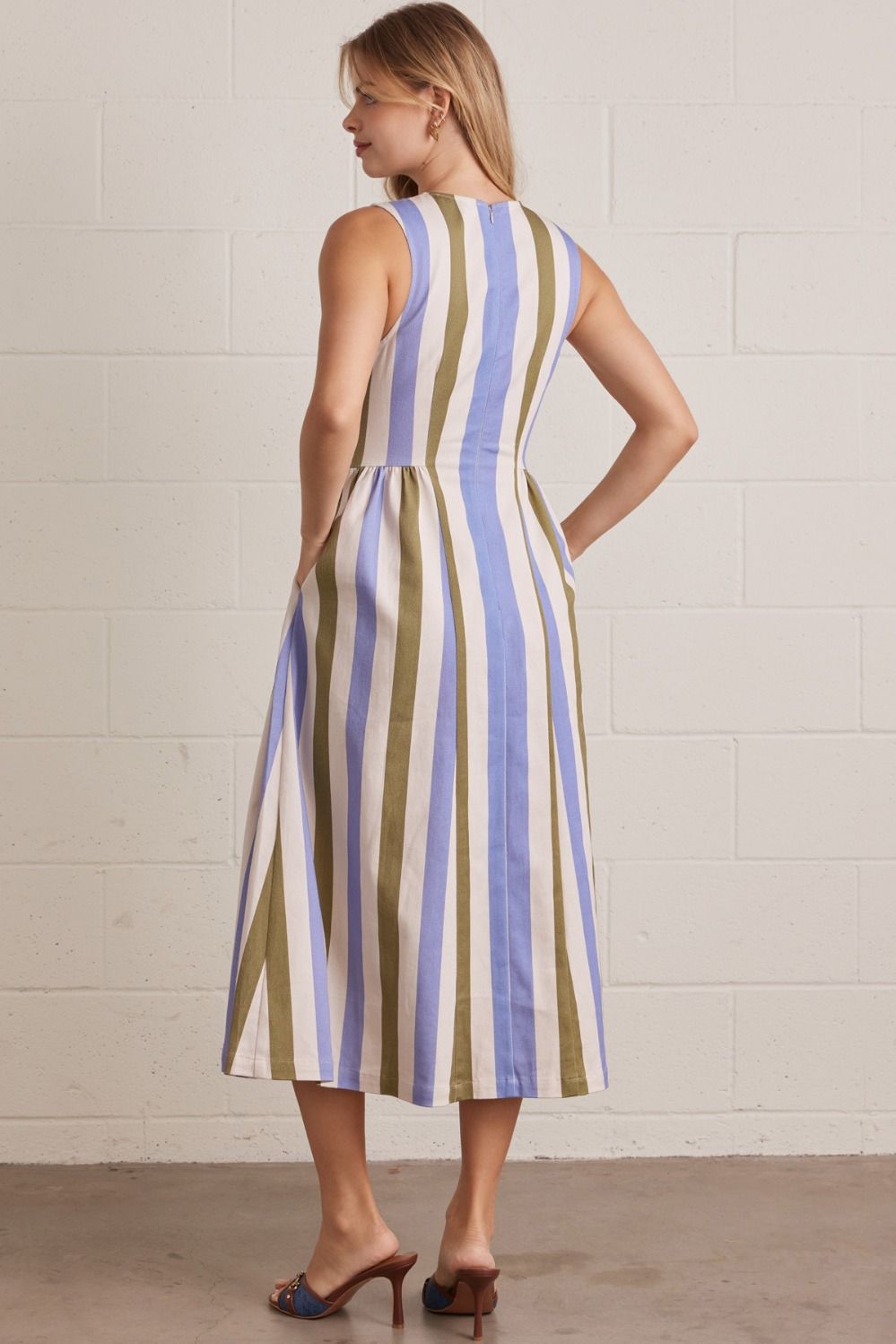 Striped Sleeveless Midi Dress - Lush Lemon - Women's Clothing - Entro - 73658001019677