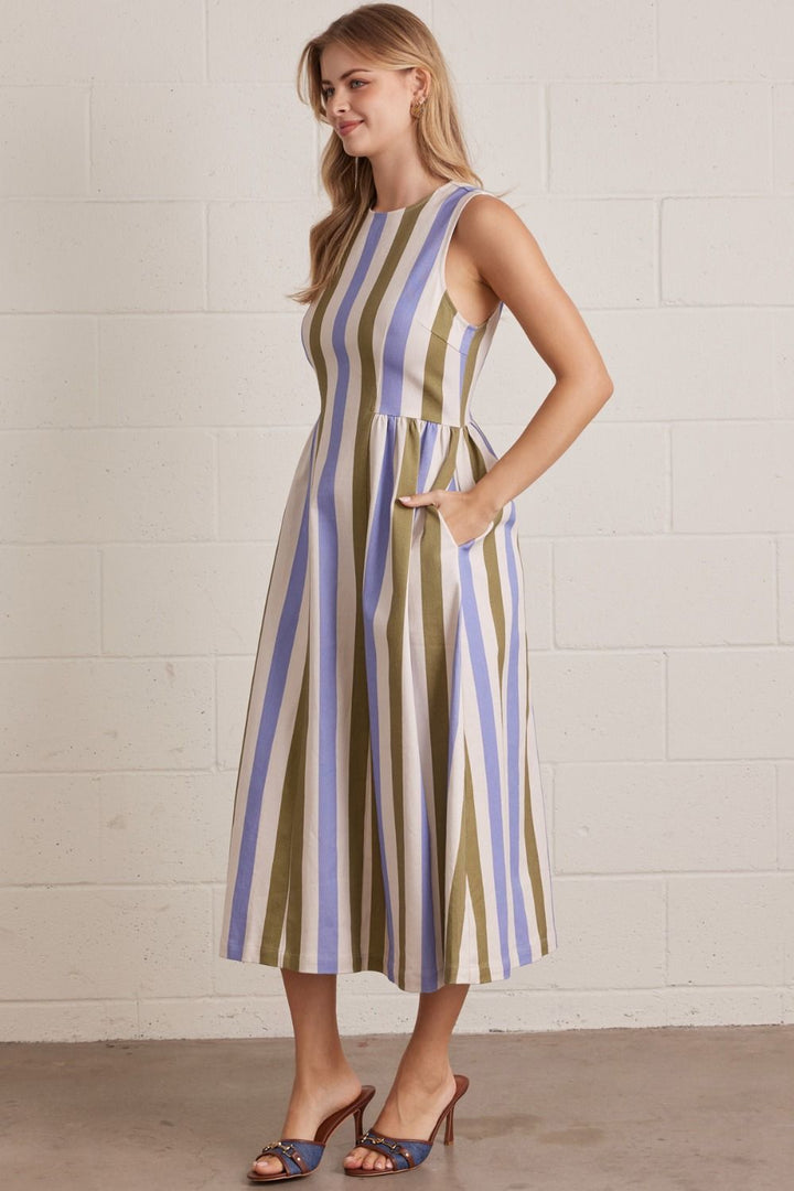 Striped Sleeveless Midi Dress - Lush Lemon - Women's Clothing - Entro - 73658001019677