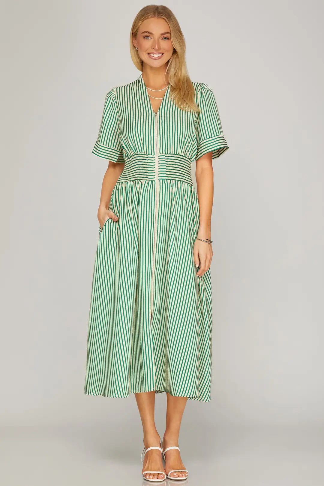 Striped Smocked Waist Zip Front Midi Dress W/ Pockets - Lush Lemon - Women's Clothing - She + Sky - 32298881068701