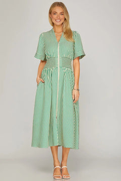 Striped Smocked Waist Zip Front Midi Dress W/ Pockets - Lush Lemon - Women&
