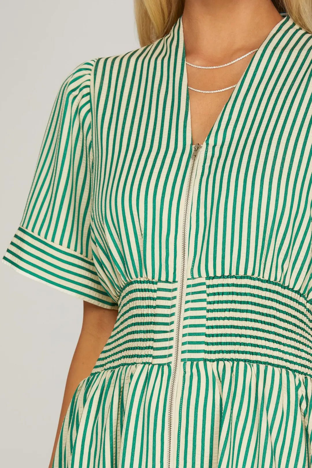 Striped Smocked Waist Zip Front Midi Dress W/ Pockets - Lush Lemon - Women's Clothing - She + Sky - 32298881068701