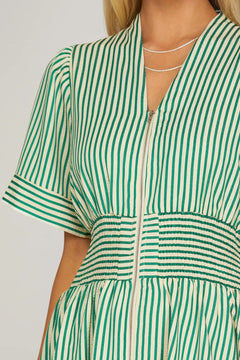 Striped Smocked Waist Zip Front Midi Dress W/ Pockets - Lush Lemon - Women&