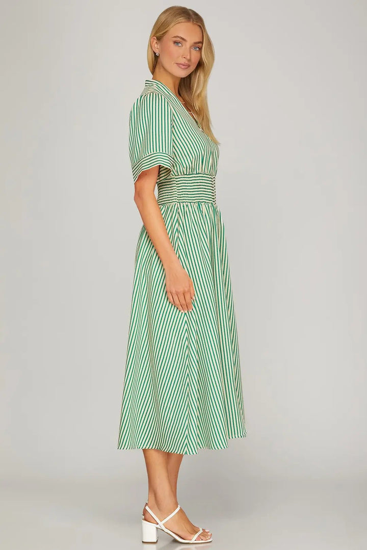 Striped Smocked Waist Zip Front Midi Dress W/ Pockets - Lush Lemon - Women's Clothing - She + Sky - 32298881068701