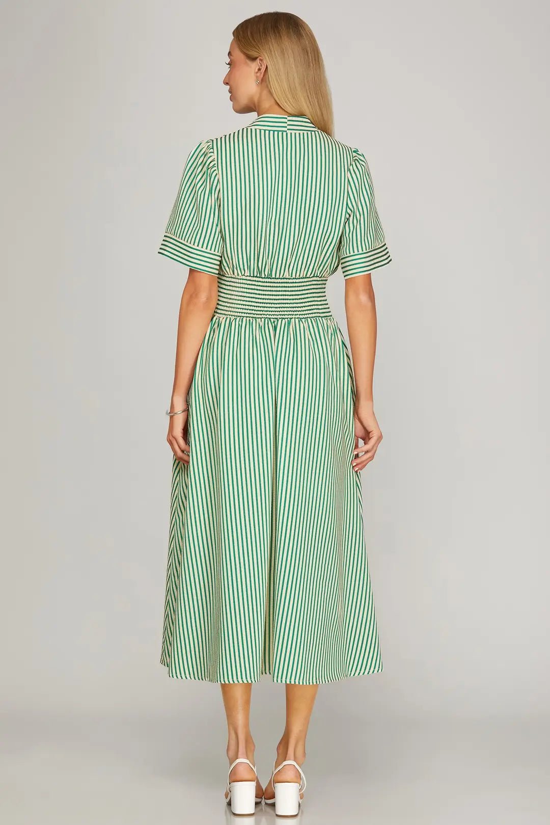 Striped Smocked Waist Zip Front Midi Dress W/ Pockets - Lush Lemon - Women's Clothing - She + Sky - 32298881068701