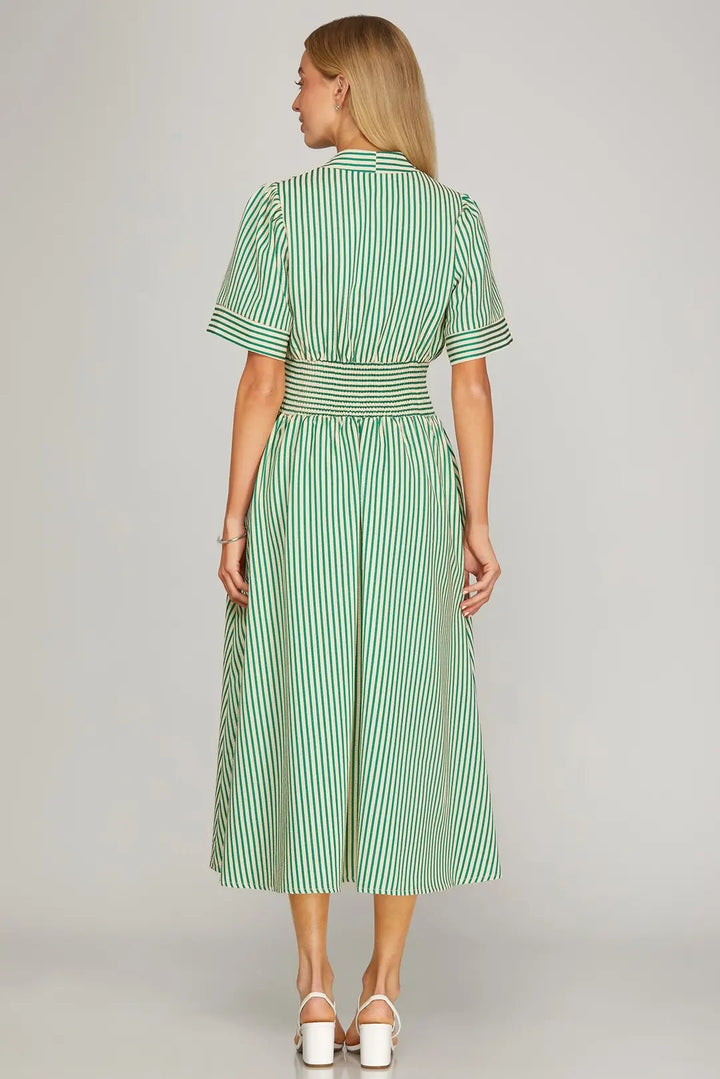 Striped Smocked Waist Zip Front Midi Dress W/ Pockets - Lush Lemon - Women's Clothing - She + Sky - 32298881068701