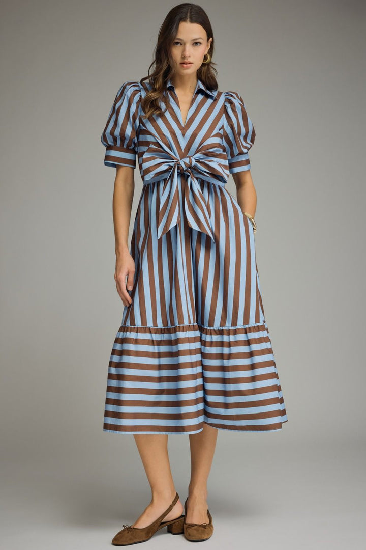 Striped Tie Front Midi Dress - Lush Lemon - Women's Clothing - Entro - 10968131052189