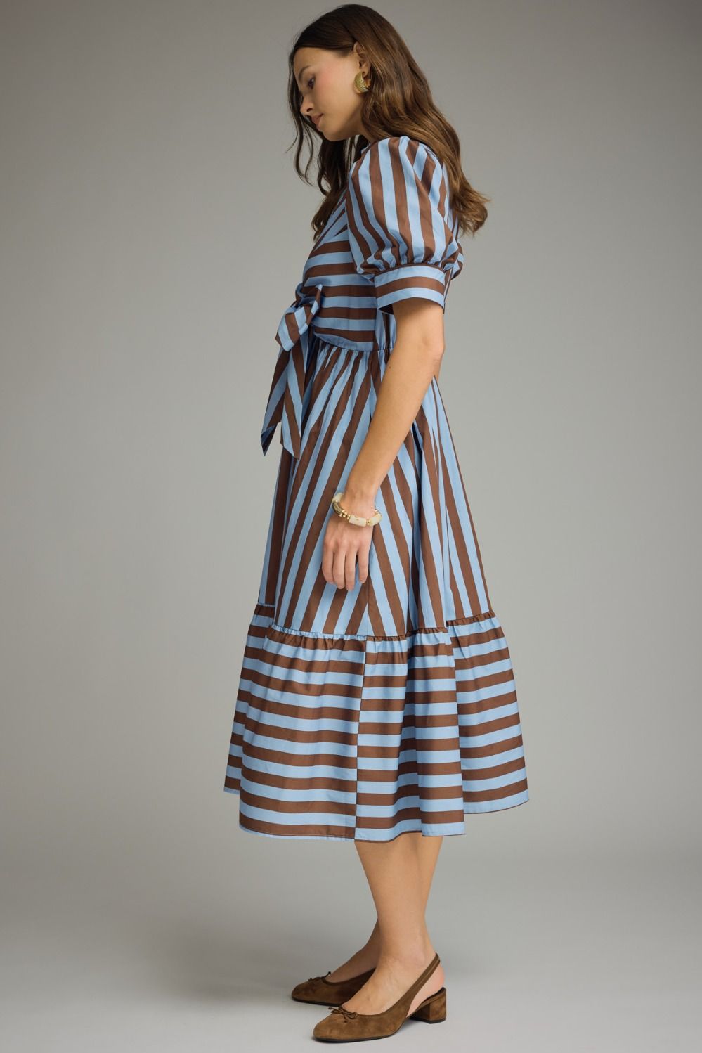 Striped Tie Front Midi Dress - Lush Lemon - Women's Clothing - Entro - 10968131052189