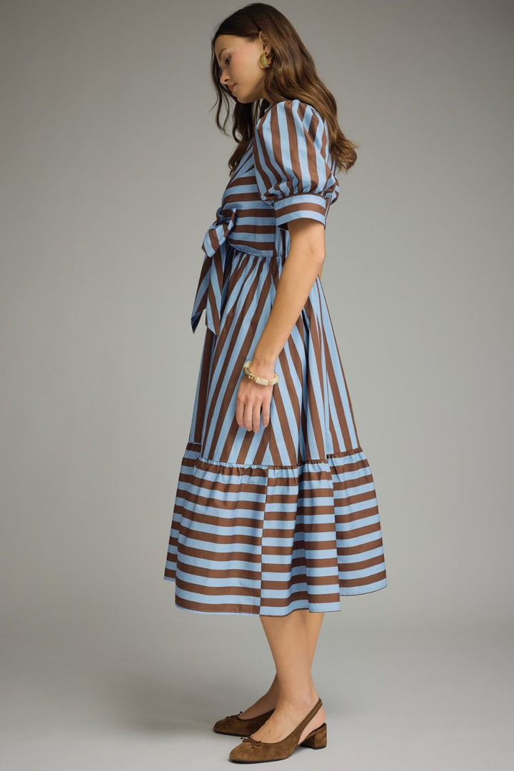 Striped Tie Front Midi Dress - Lush Lemon - Women's Clothing - Entro - 10968131052189