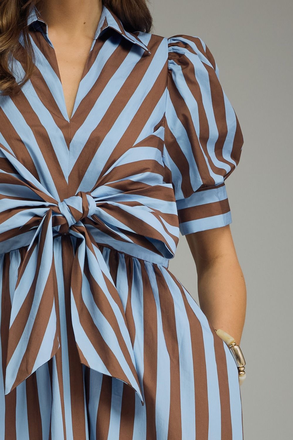 Striped Tie Front Midi Dress - Lush Lemon - Women's Clothing - Entro - 10968131052189