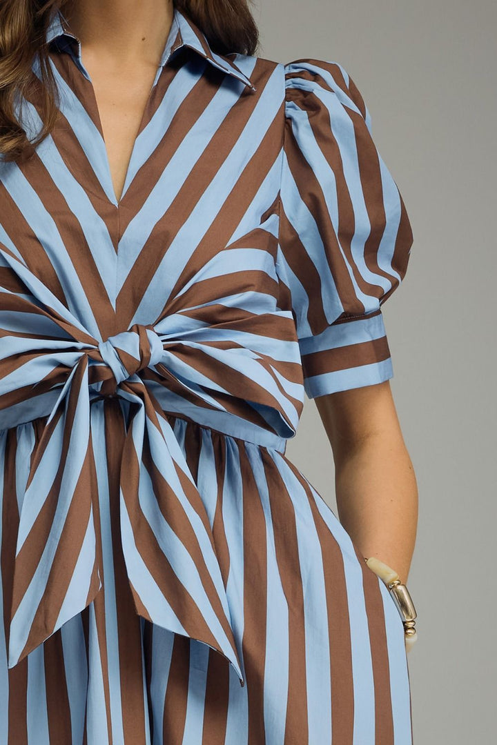 Striped Tie Front Midi Dress - Lush Lemon - Women's Clothing - Entro - 10968131052189