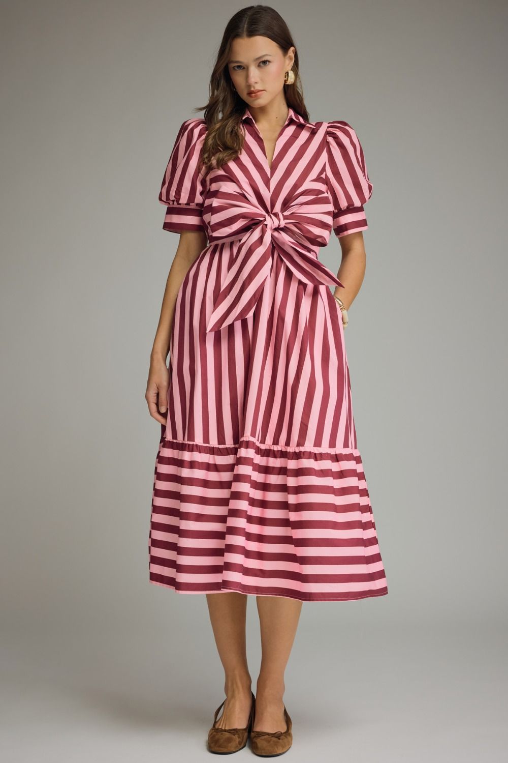 Striped Tie Front Midi Dress - Lush Lemon - Women's Clothing - Entro - 10968131301789