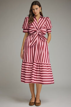Striped Tie Front Midi Dress - Lush Lemon - Women&
