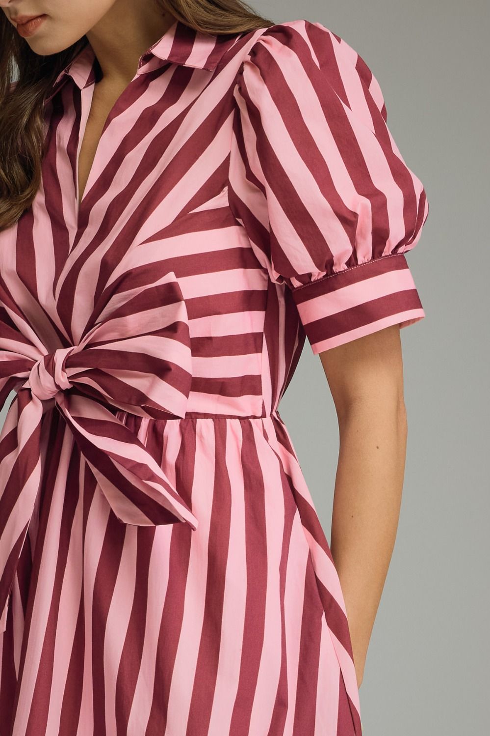 Striped Tie Front Midi Dress - Lush Lemon - Women's Clothing - Entro - 10968131301789