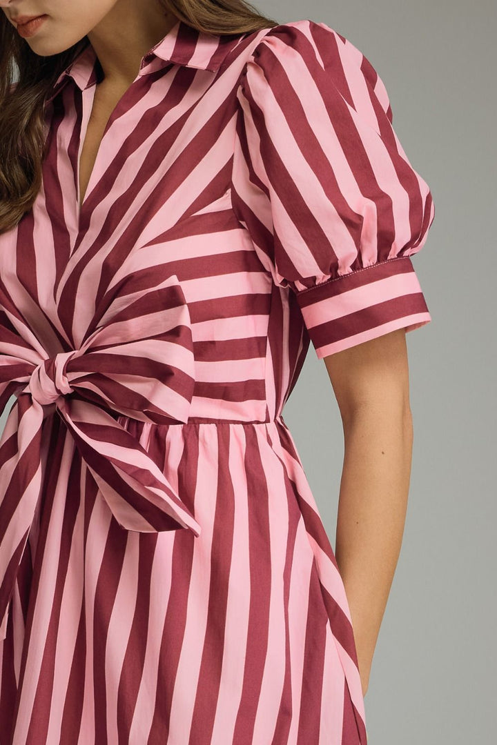 Striped Tie Front Midi Dress - Lush Lemon - Women's Clothing - Entro - 10968131301789