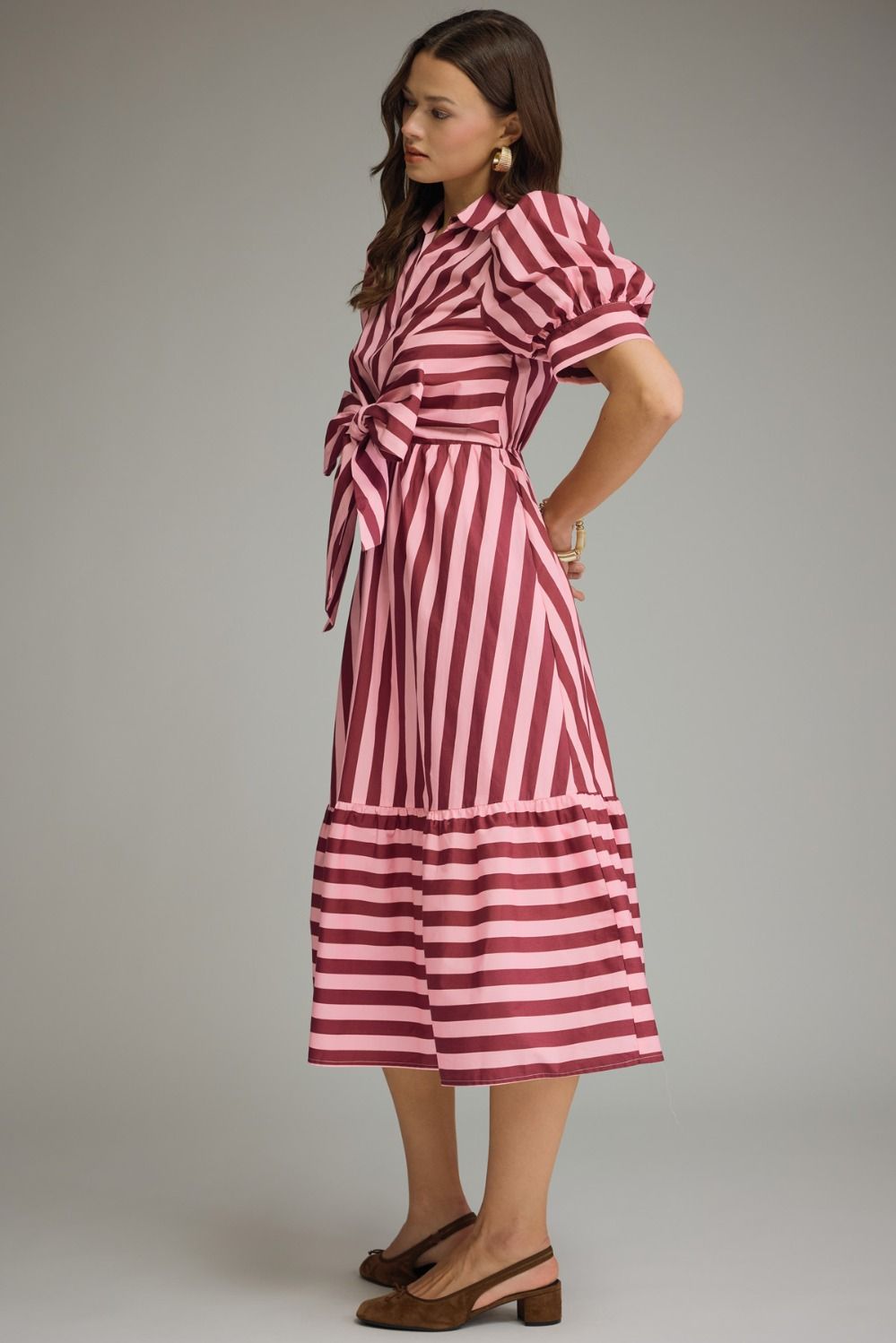 Striped Tie Front Midi Dress - Lush Lemon - Women's Clothing - Entro - 10968131301789
