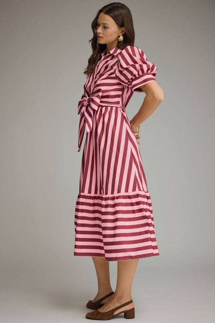 Striped Tie Front Midi Dress - Lush Lemon - Women's Clothing - Entro - 10968131301789