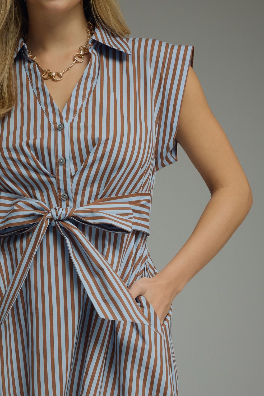Striped Tie Waist Midi Dress - Lush Lemon - Women's Clothing - Entro - 70249191091453