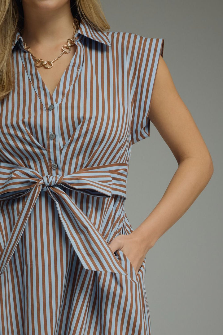 Striped Tie Waist Midi Dress - Lush Lemon - Women's Clothing - Entro - 70249191091453