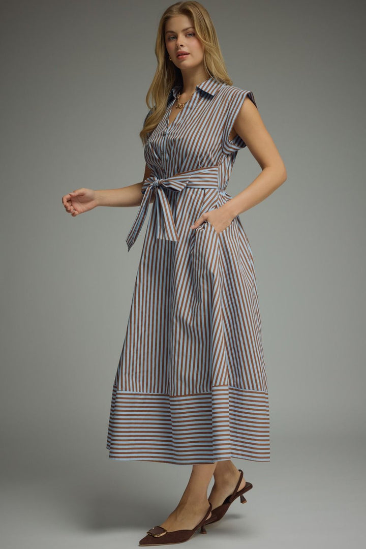Striped Tie Waist Midi Dress - Lush Lemon - Women's Clothing - Entro - 70249191091453