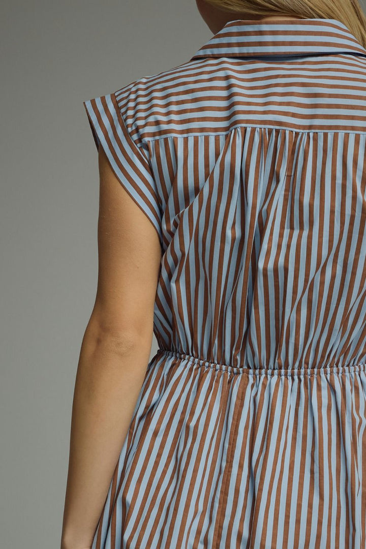 Striped Tie Waist Midi Dress - Lush Lemon - Women's Clothing - Entro - 70249191091453