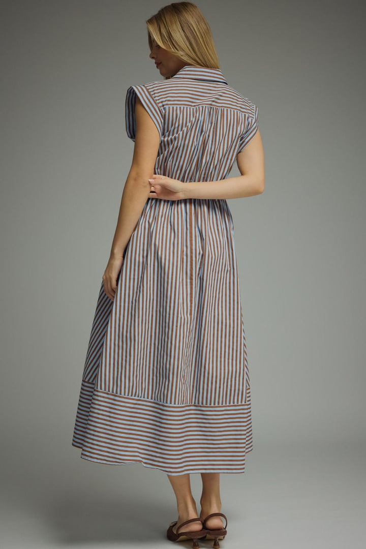 Striped Tie Waist Midi Dress - Lush Lemon - Women's Clothing - Entro - 70249191091453