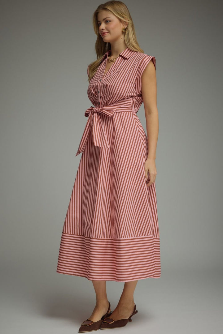 Striped Tie Waist Midi Dress - Lush Lemon - Women's Clothing - Entro - 70249191389757