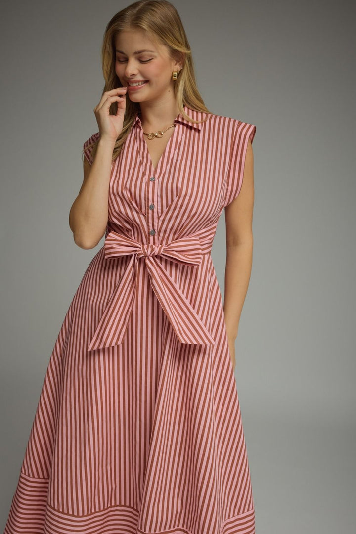 Striped Tie Waist Midi Dress - Lush Lemon - Women's Clothing - Entro - 70249191389757