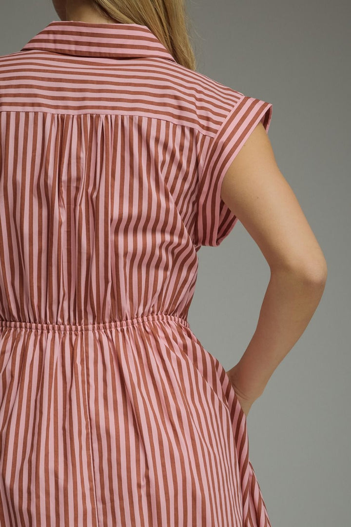 Striped Tie Waist Midi Dress - Lush Lemon - Women's Clothing - Entro - 70249191389757